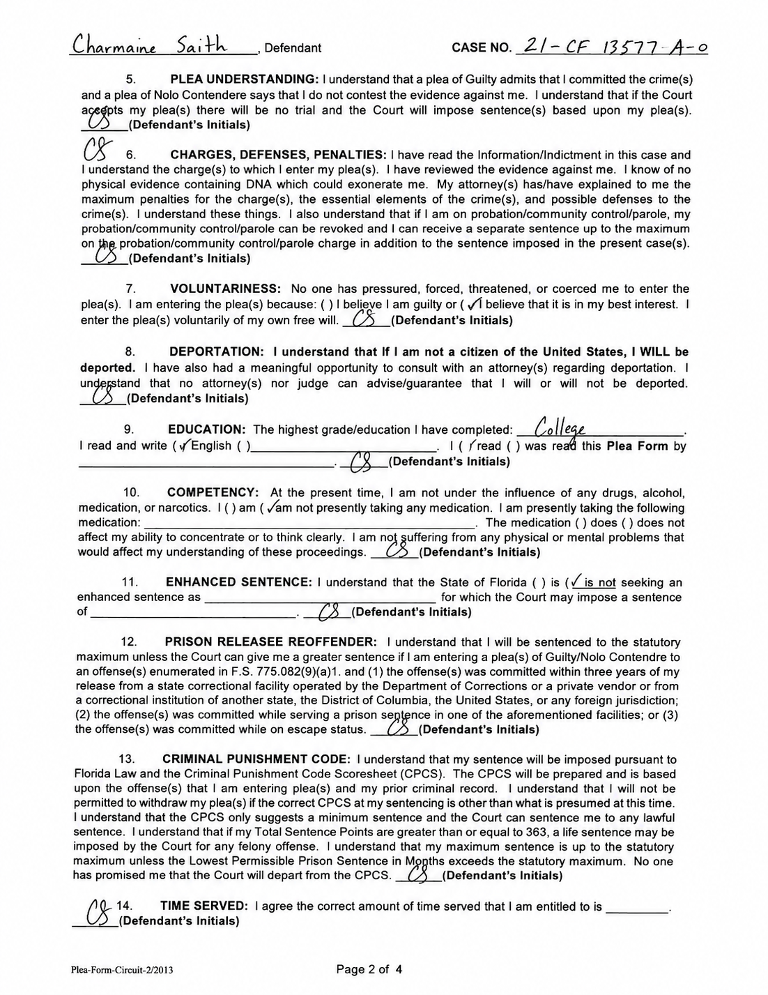 Page 2 of the four-page Plea (S) Form, August 15, 2022. Defendant Charmaine Saith's initials (CS) appear on items 5 (Plea Understanding), 6 (Charges/Defenses/Penalties), 7 (Voluntariness), 8 (Deportation), 9 (Education), 10 (Competency), 11 (Enhanced Sentence), 12 (Prison Releasee Reoffender), 13 (Criminal Punishment Code), and 14 (Time Served).